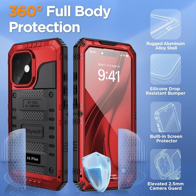 Mitywah Waterproof Case for iPhone 16 Plus, Shockproof Heavy Duty Case with Built-in Screen Protector, Underwater Full Body Protective Metal Case 6.7 inch, Red