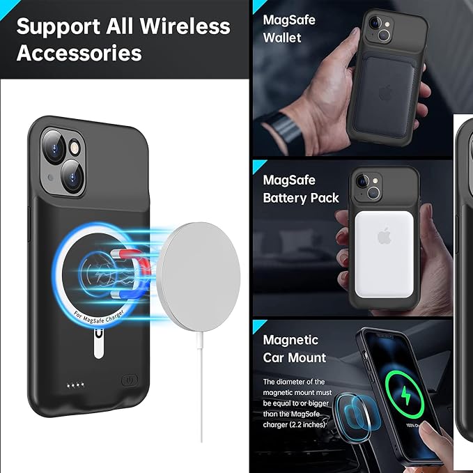 Wireless Charging Case for iPhone 14 Plus, 12000mAh High Capacity Portable Rechargeable Battery Case Wireless Charging Compatible with iPhone 14 Plus (6.7 inch) Extended Battery Charger Case (Black)