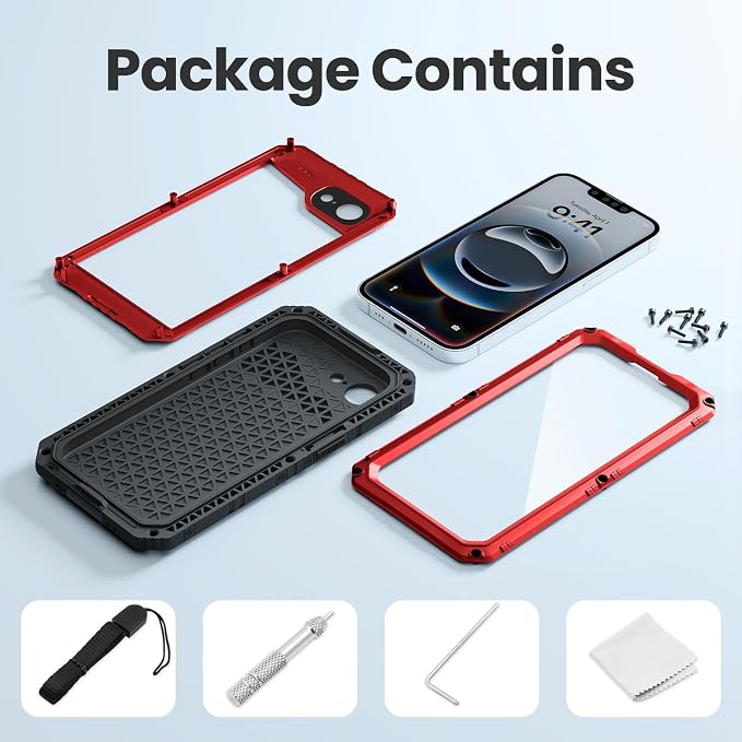 Mitywah Waterproof Case for iPhone 16e and for iPhone 17e, Shockproof Heavy Duty Case with Built-in Screen Protector, Underwater Full Body Protective Metal Case 6.1 inch, Red