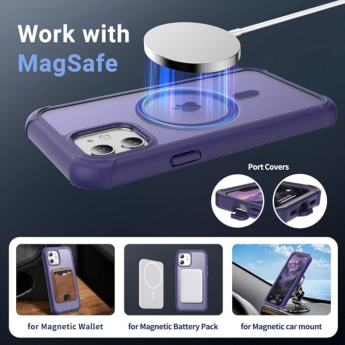 jaroco Magnetic for iPhone 12/12 Pro Case, [Compatible with MagSafe][Military Grade Drop Protection][Heavy Duty Protection][Non-Slip][Shockproof] 2-Layer Durable Bumper Phone Case 6.1''-Dark Purple