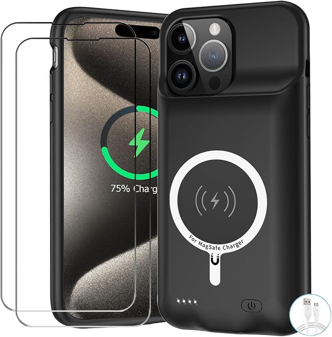 Battery Case for iPhone 15 Pro Max, Upgraded 12000mAh Battery Pack Rechargeable Charger Case with Wireless Charging Compatible for iPhone 15 Pro Max (6.7 inch) External Battery Charging Cover (Black)
