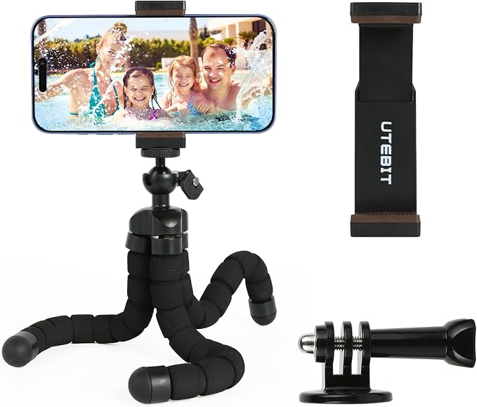 UTEBIT Flexible Phone Tripod Premium Portable Phone Mini Tripod Desk Stand Compatible with iPhone Samsung Go Pro, Small Digital Camera, for Video Recording/Vlogging/Travel Photography, Black