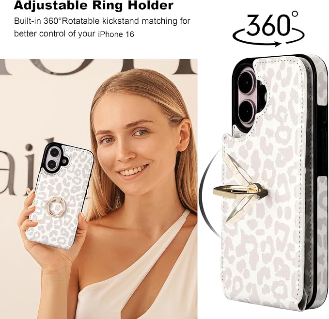 HAOPINSH for iPhone 16 Wallet Case with Card Holder, 360°Rotation Ring Kickstand, White Leopard Pattern, RFID Blocking Leather for Girls Women, Double Buttons Protective Cover 6.1"