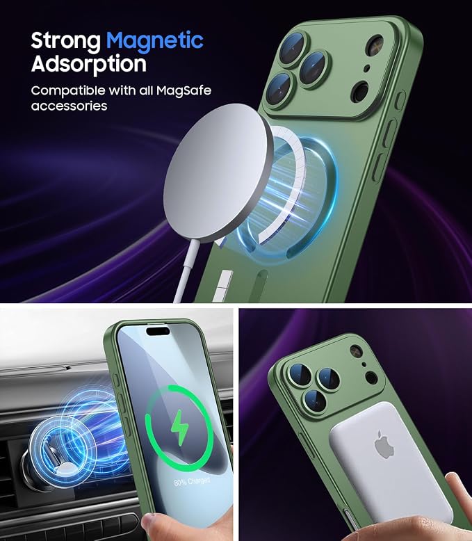 Magnetic for iPhone 17 Pro Case [Compatible with MagSafe][Built-in Camera Lens Protector] Slim Thin Soft Silicone Bumper Shockproof Metallic Luster Phone Case (Green)