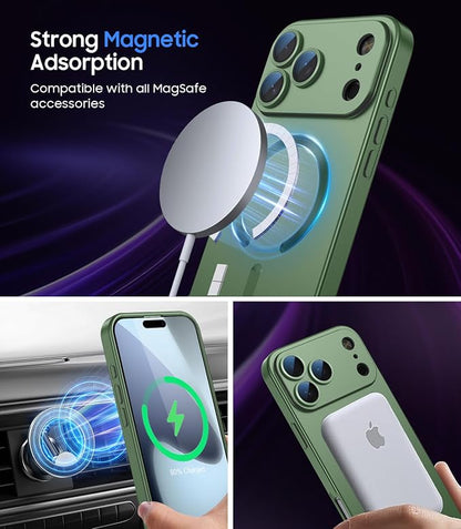 Magnetic for iPhone 17 Pro Case [Compatible with MagSafe][Built-in Camera Lens Protector] Slim Thin Soft Silicone Bumper Shockproof Metallic Luster Phone Case (Green)