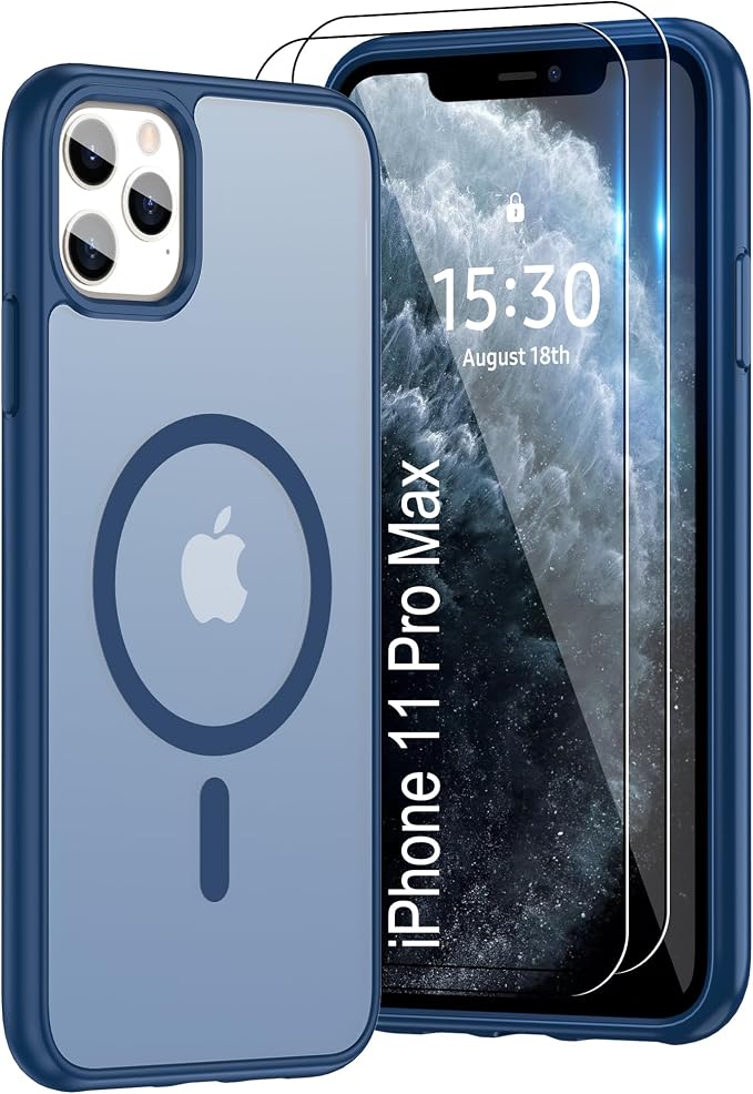 For iPhone 11 Pro Max Case [Compatible with Magsafe] Translucent Matte Magnetic Case with Screen Protector,SlimThin Shockproof Military Grade Drop Protection Cover for iPhone 11 ProMax-Dark blue