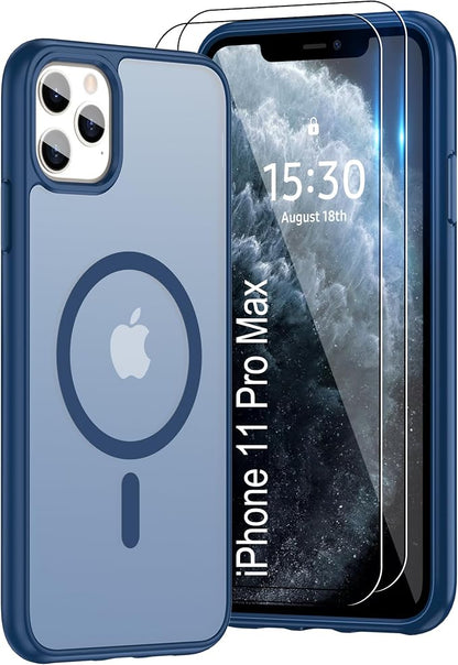 For iPhone 11 Pro Max Case [Compatible with Magsafe] Translucent Matte Magnetic Case with Screen Protector,SlimThin Shockproof Military Grade Drop Protection Cover for iPhone 11 ProMax-Dark blue