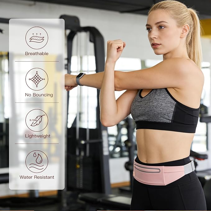 Slim Running Belt for Men Women - No-Bounce Phone Holder Waist Pack, Runners Fanny Pack with Sweat-Proof Pocket ，Travel Money Pouch for Gym/Hiking/Cycling (Light Pink)