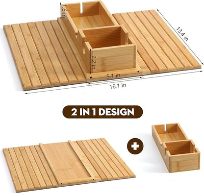 Bamboo Couch Arm Tray with Detachable Cup Holder, 2 in 1 Foldable Anti-Falling Design for Cups, Snacks, Remote, Cellphone