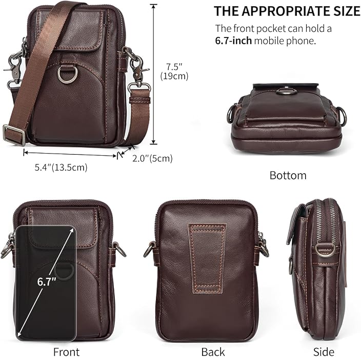 Augus Genuine Leather Small Crossbody Bag Cell Phone Messenger Purse Shoulder Waist Bag for Daily Use for Women and Men