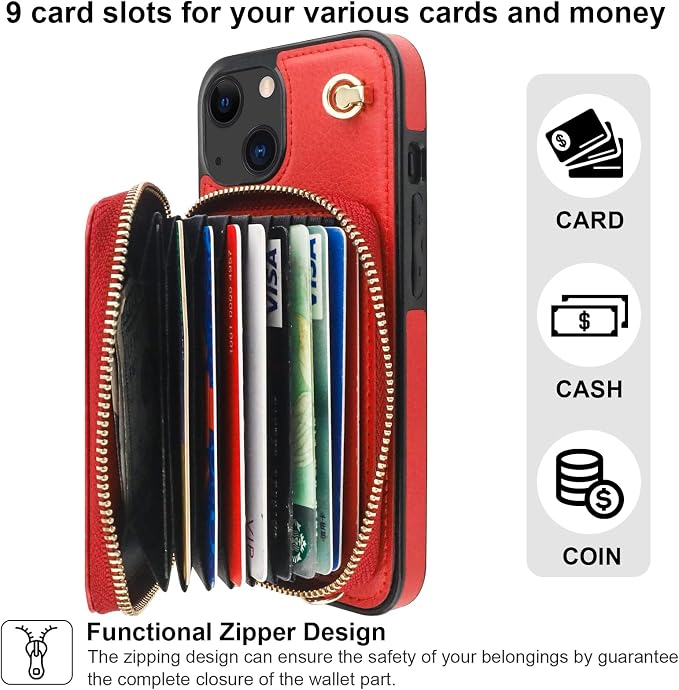 Bocasal Crossbody Wallet Case for iPhone 14 iPhone 13, RFID Blocking Leather Purse Case with Card Holder, Protective Handbag Flip Cover with Zipper Wrist Strap Lanyard for Women 5G 6.1 Inch (Red)
