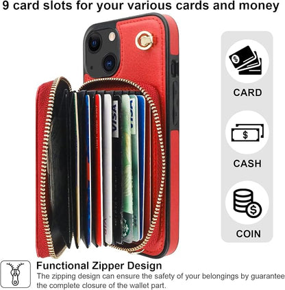 Bocasal Crossbody Wallet Case for iPhone 14 iPhone 13, RFID Blocking Leather Purse Case with Card Holder, Protective Handbag Flip Cover with Zipper Wrist Strap Lanyard for Women 5G 6.1 Inch (Red)