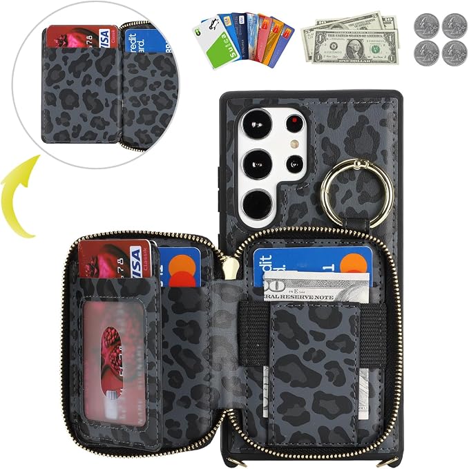 Crossbody Wallet Case for Galaxy S24 Ultra, PU Leather Zipper Handbag Purse Flip Cover, Kickstand Folio Case with Card Slots Holder Wrist Strap Lanyard -Black Leopard