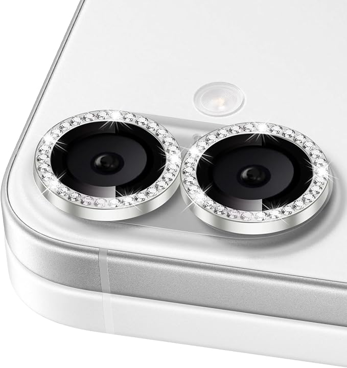 ShinKin Camera Lens Protector for iPhone 16/iPhone 16 Plus, Bling Glitter Camera Cover, 9H Tempered Glass Individual Metal Ring Camera Protector for iPhone 16/iPhone 16 Plus (Diamond - Silver)