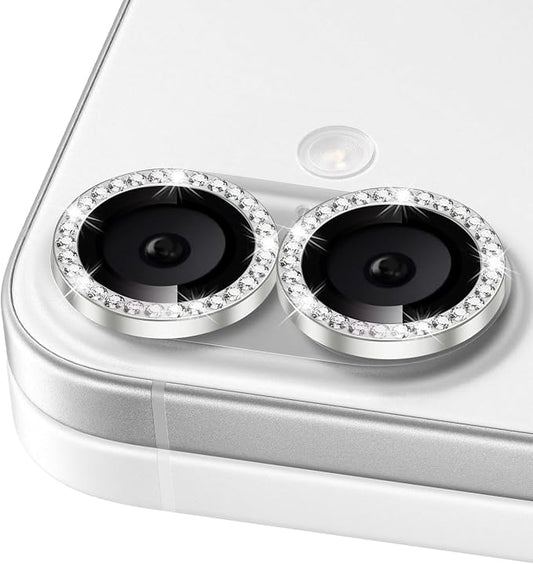 ShinKin Camera Lens Protector for iPhone 16/iPhone 16 Plus, Bling Glitter Camera Cover, 9H Tempered Glass Individual Metal Ring Camera Protector for iPhone 16/iPhone 16 Plus (Diamond - Silver)