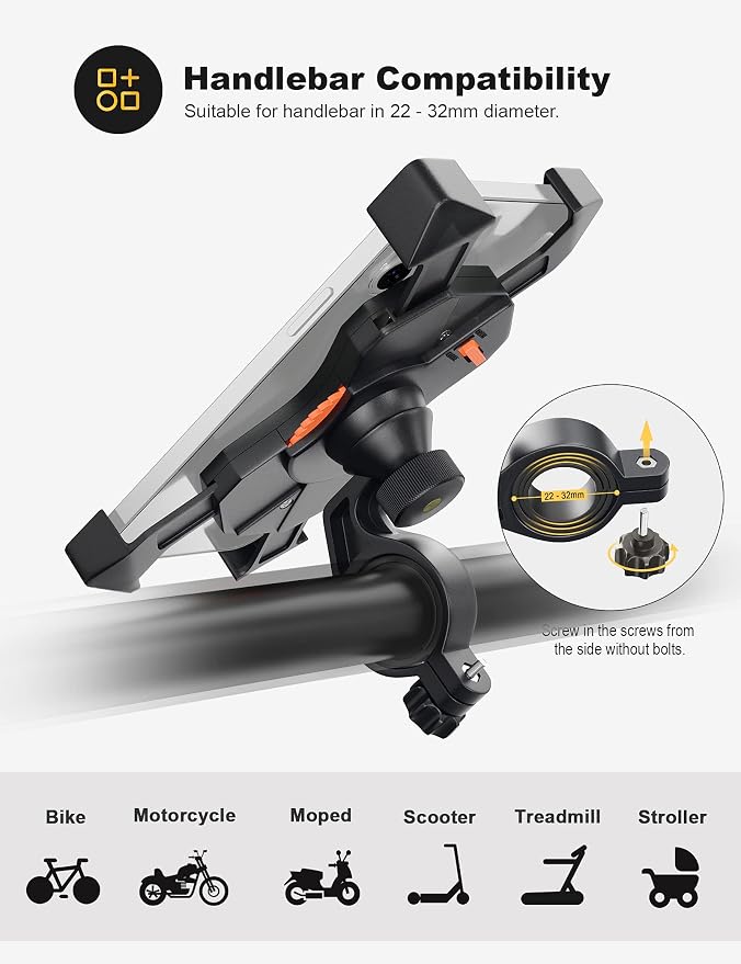 Grefay Bike Phone Holder, Motorcycle Phone Holder with Handlebar Clamp for Bicycle, Suitable with iPhone 16 15 14 Pro Max Plus/13 12 11 Pro Max Mini, XS XR X, SE/3.5-6.5 Inch Smartphone, 360 Rotatable