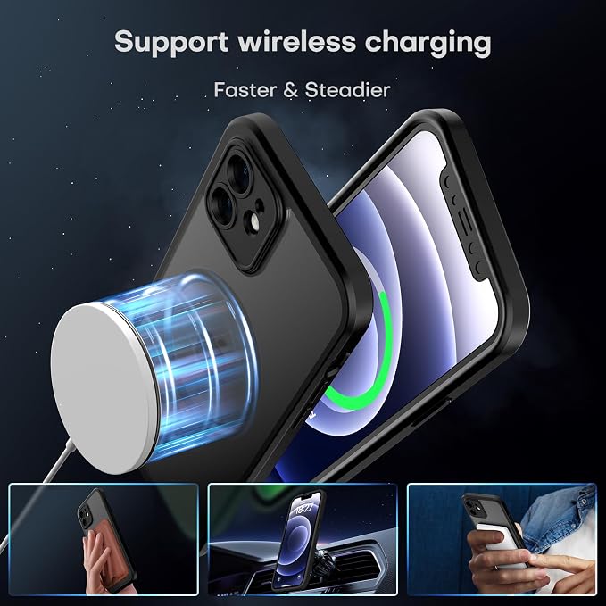 TOCOL for iPhone 12 Case, Compatible with Magsafe, Full Camera Protection, Built-in Magnetic Ring, Translucent Matte Phone Case for iPhone 12 6.1 inch (Black)