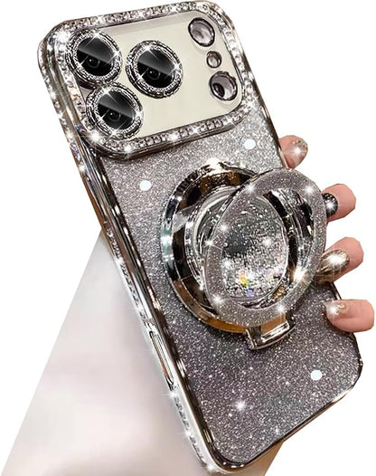 Glitter Kickstand Case for iPhone 17 Pro Max,Cute Bling Sparkly Diamond Rhinestone with Camera Lens Protector Liquid Flowing Ring Stand TPU Bumper Women Girl Case for iPhone 17 Pro Max,Silver