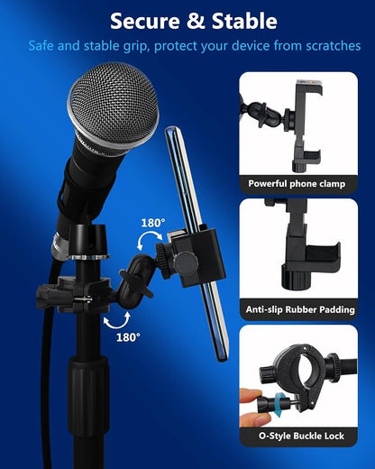 Mic Stand Phone Holder, Phone Holder Mount for Microphone Stand, Music Stand, Guitar Drums, Phone Clamp for iPhone 15 14 13 12 11 Plus Pro Max Mini Samsung Galaxy S24 S23 Ultra Google Pixel 8 7