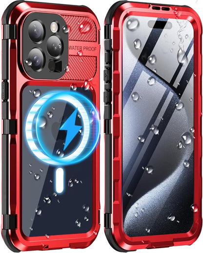 WIFORT for iPhone 15 Pro Waterproof Case - Metal Heavy Duty Full Body Protective Cover Built-in Screen Protector, IP68 Water Proof Military Grade Shockproof Rugged Drop Defender Phone case 6.1" Red