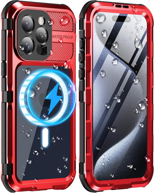 WIFORT for iPhone 15 Pro Waterproof Case - Metal Heavy Duty Full Body Protective Cover Built-in Screen Protector, IP68 Water Proof Military Grade Shockproof Rugged Drop Defender Phone case 6.1" Red