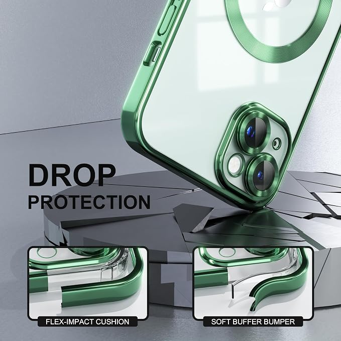 Misea Magnetic for iPhone 15 Plus Case Compatible with MagSafe [Never Yellowing] [Military Grade Drop Protection] Full Camera Lens Protector Plating Soft Clear Phone Case for Women, Green