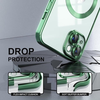 Misea Magnetic for iPhone 15 Plus Case Compatible with MagSafe [Never Yellowing] [Military Grade Drop Protection] Full Camera Lens Protector Plating Soft Clear Phone Case for Women, Green