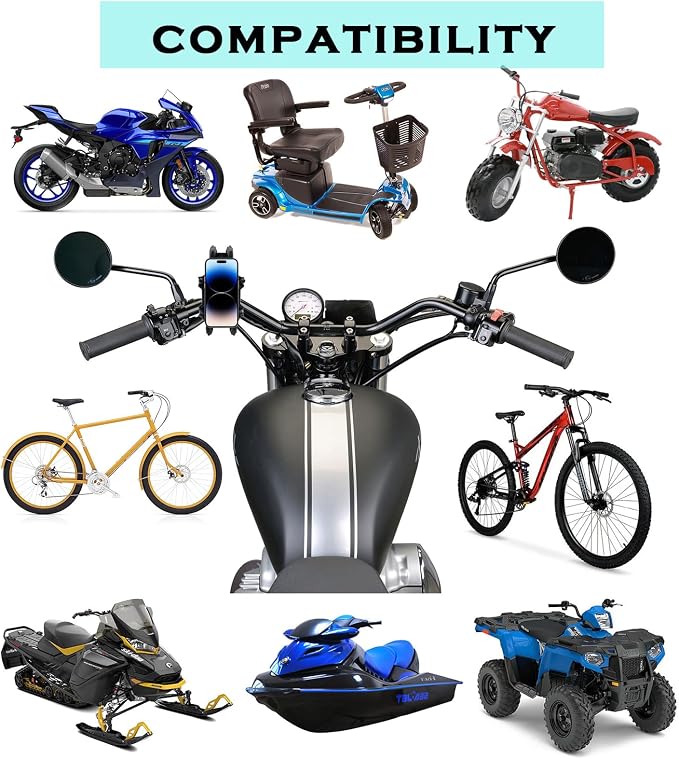 QYMOTO Motorcycle Phone Holder ATV Cell Phone Mount with Vibration Damper,Anti-Shake Sturdy for Handlebar Phone Holder ATV 4 Wheeler Dirt Bike Scooter Quad Fit 4.7"-7.1" Smart Phones 360° Rotation