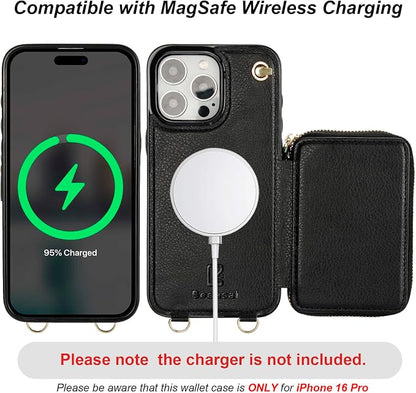 Bocasal for MagSafe Crossbody Wallet Case Compatible with iPhone 16 Pro, RFID Blocking Protective Purse Case with Card Slots Holder Kickstand Wrist Strap Lanyard Zipper 6.3 Inch 5G (Black)