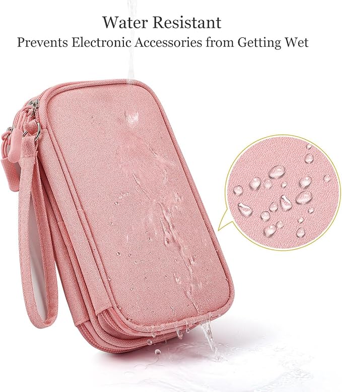 CAAORDKSO Electronic Cable Organizer Bag, Travel Electronic Accessories Carry Case Portable Waterproof Double Layers Storage Bag for Cable, Cord, Charger, Power Bank, Earphone (Light Pink, Medium)