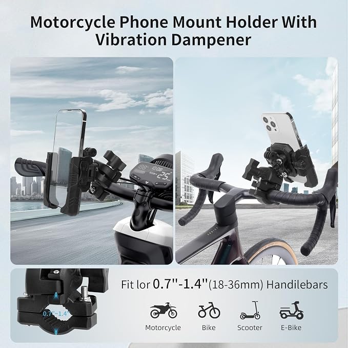 Motorcycle Ebike Phone Mount with Vibration Dampener,360°Adjustable Dual Ball Head & Anti-Shock Handlebar Holder for Bicycle Scooter ATV Fit For (5.4-7.2")iPhone 16/15/14/13 Pro Max ,Pipe Clamp, 75023