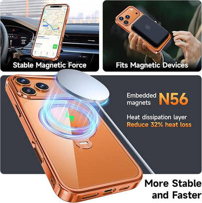 [Tri-Shield Protection] for iPhone 17 Pro Max Case with 360° Spin Stand Compatible with MagSafe [Magnetic CD Ring][Screen & Camera Lens Protector]Shockproof Plating Never-Yellowing, Cosmic Orange-6.9"