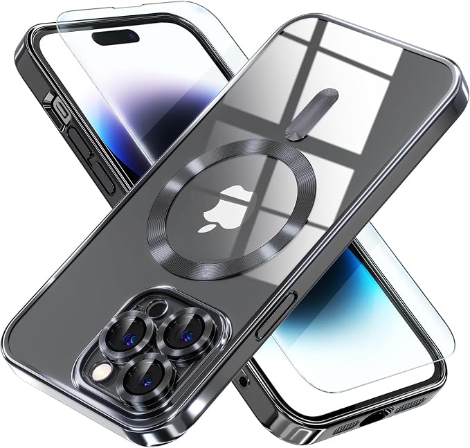 Misea Magnetic for iPhone 14 Pro Case Compatible with MagSafe [Never Yellowing] [Military Grade Drop Protection] Full Camera Lens Protector Plating Soft Clear Phone Case for Women Girls, Black