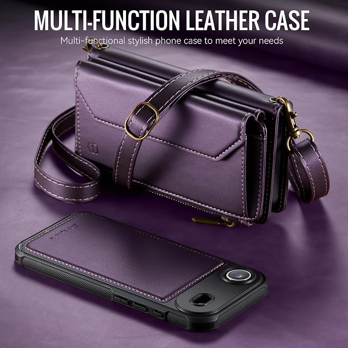 Strapurs for iPhone Air Detachable Wallet Case Compatible with Magsafe for Women, RFID Blocking 9-Card Holder Zipper Strap Lanyard PU Leather Magnetic Phone Case for iPhone 17 Air 6.5", Purple