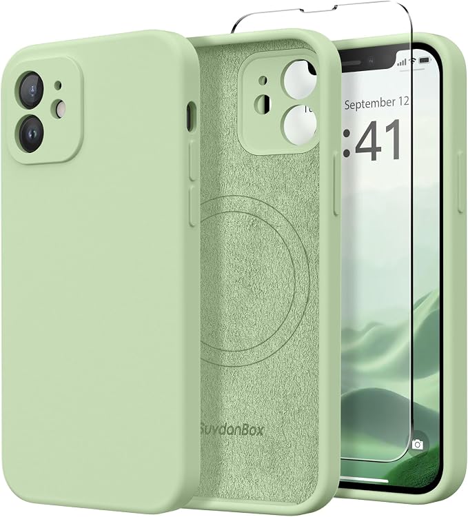 Magnetic for iPhone 12 Case, Compatible with MagSafe, [Full Camera Protection][Screen Protector] Silicone Shockproof Protective Phone Case for iPhone 12 6.1", Matcha