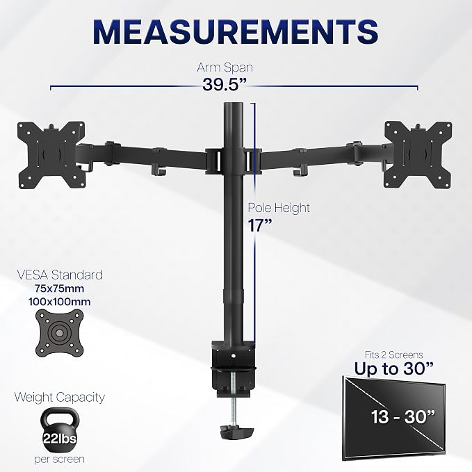 VIVO Dual Ultrawide Monitor Desk Mount, Heavy Duty Fully Adjustable Steel Stand, Holds 2 Computer Screens up to 38 inches and Max 22lbs Each, Black, STAND-V038