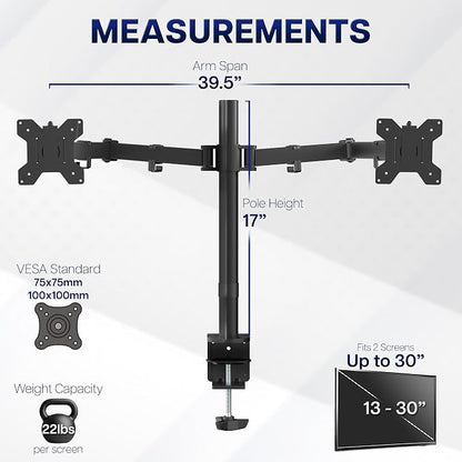 VIVO Dual Ultrawide Monitor Desk Mount, Heavy Duty Fully Adjustable Steel Stand, Holds 2 Computer Screens up to 38 inches and Max 22lbs Each, Black, STAND-V038
