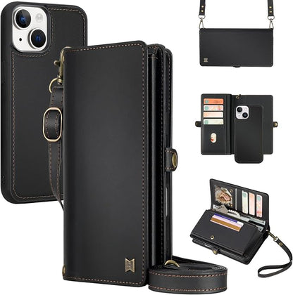 for Wallet Case Compatible with iPhone 14,Multi-Function Detachable 2 in 1 Magnetic iPhone 14 Case Wallet,Flip Strap Zipper Card Holder Phone Case with Shoulder Straps (Black)