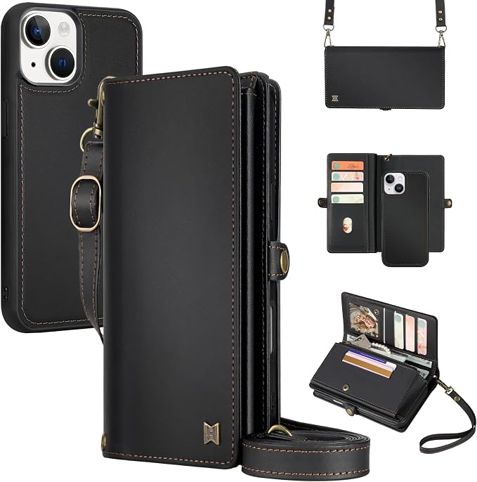 for Wallet Case Compatible with iPhone 15,Multi-Function Detachable 2 in 1 Magnetic iPhone 15 Wallet,Flip Strap Zipper Card Holder Phone Case with Shoulder Straps (Black)