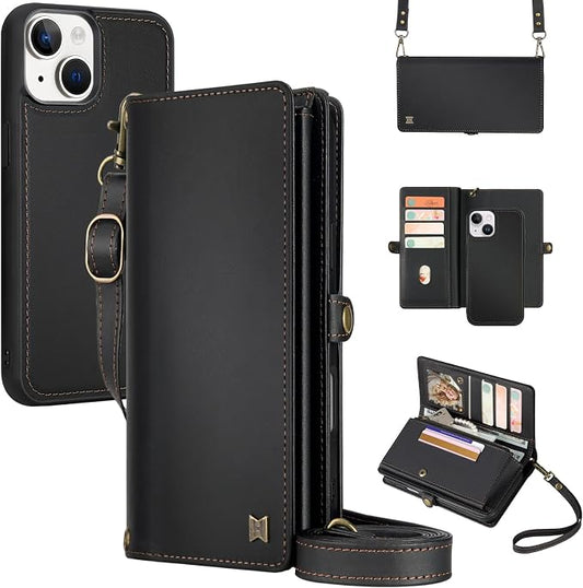 for Wallet Case Compatible with iPhone 15,Multi-Function Detachable 2 in 1 Magnetic iPhone 15 Wallet,Flip Strap Zipper Card Holder Phone Case with Shoulder Straps (Black)