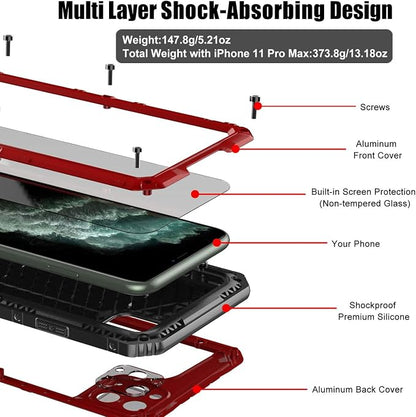 Beasyjoy for iPhone 11 Pro Max Case Waterproof Metal Case Heavy Duty Built-in Screen Full Body Protective Shockproof Military Grade Red