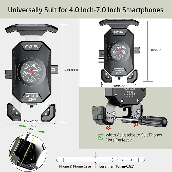 iMESTOU Motorcycle Wireless Phone Mount Charger -Motorcycle USB C 3.0 Phone Holder Qi 15W by Wiring/Plugging to USB A Socket Aluminium Handlebar Base Waterproof for 4-7" Cellphones