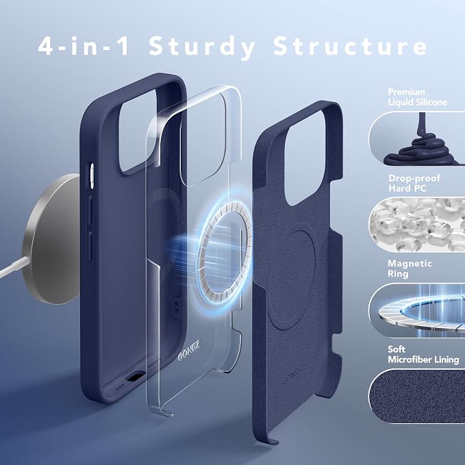 GONEZ for iPhone 14 Pro Case, Compatible with Magsafe, with Screen Protector + Camera Lens Protector, Soft Anti-Scratch Microfiber Lining, Shockproof Liquid Silicone Phone Cover, Midnight Blue