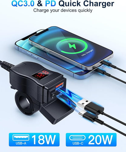 EXTRACTME Motorcycle USB Charger, Dual USB Type C PD & Quick Charge 3.0 Motorcycle Phone Charger with Voltmeter & ON/Off Switch, Waterproof Motorcycle Accessories for All Phone, Tablet, GPS