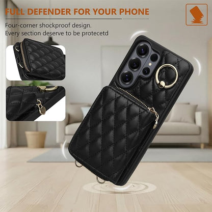 Keallce Case for Samsung Galaxy S26 Ultra 6.9'' Wallet Case,Crossbody Zipper Purse Wrist Strap Lanyard Handbag,RFID Blocking Card Slots,Flip Leather Cover for Samsung S26 Ultra,Black