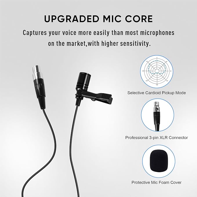 2 Channel Wireless Lapel Microphone, Set of 2 Headset & Lavalier Mics with 200 Adjustable Frequency UHF Metal Receiver, 300ft Range Microphone System for Church, Karaoke, Preaching, Wedding