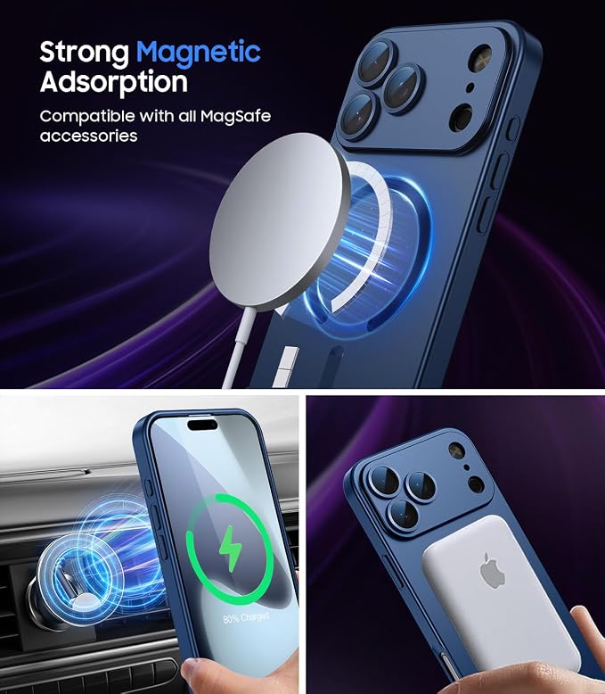 Magnetic for iPhone 17 Pro Case [Compatible with MagSafe][Built-in Camera Lens Protector] Slim Thin Soft Silicone Bumper Shockproof Metallic Luster Phone Case (Blue)