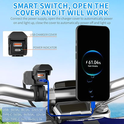 Motorcycle USB Charger, Dual USB Type C 30W PD & QC 3.0 Motorcycle Phone Charger with Voltmeter & ON/Off Switch, Waterproof ATV/Motorcycle/Dirt Bike Charger for Phone, Tablet, GPS...