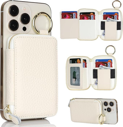 Cavor Compatible with MagSafe Wallet Genuine Leather Cash Wallets for Women, Magnetic Phone Wallet for iPhone 17 Pro Max/16/15/14/13/12, id Credit Card Holder with Mag safe Keychain-White