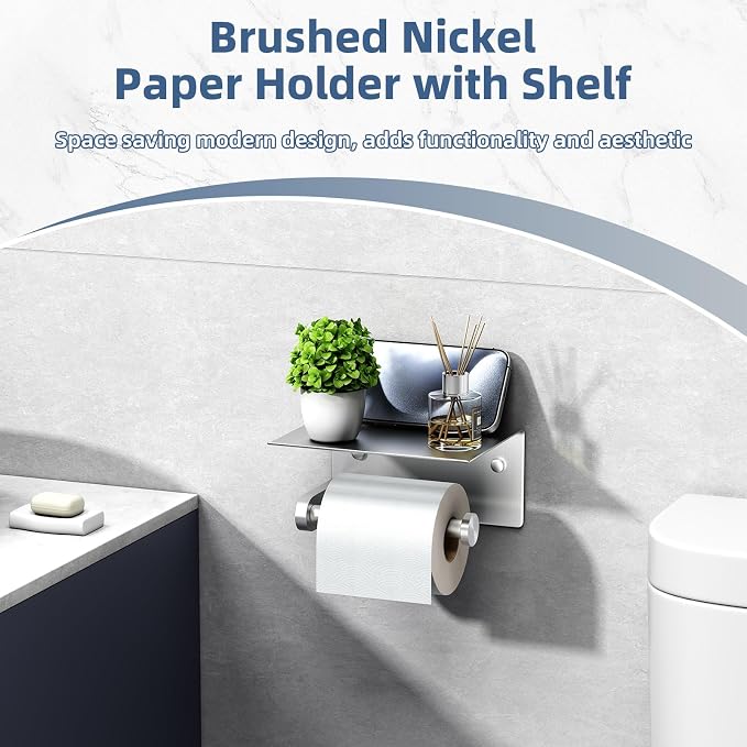 Toilet Paper Holder with Phone Shelf, APLusee SUS 304 Stainless Steel Bathroom Tissue Holder, Wall Mounted Roll Paper Dispenser, Brushed Nickel
